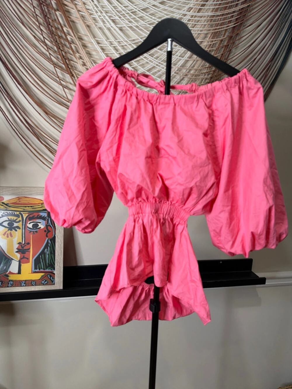 Sienna LA pink cotton peplum open back puff sleeve blouse S 2254